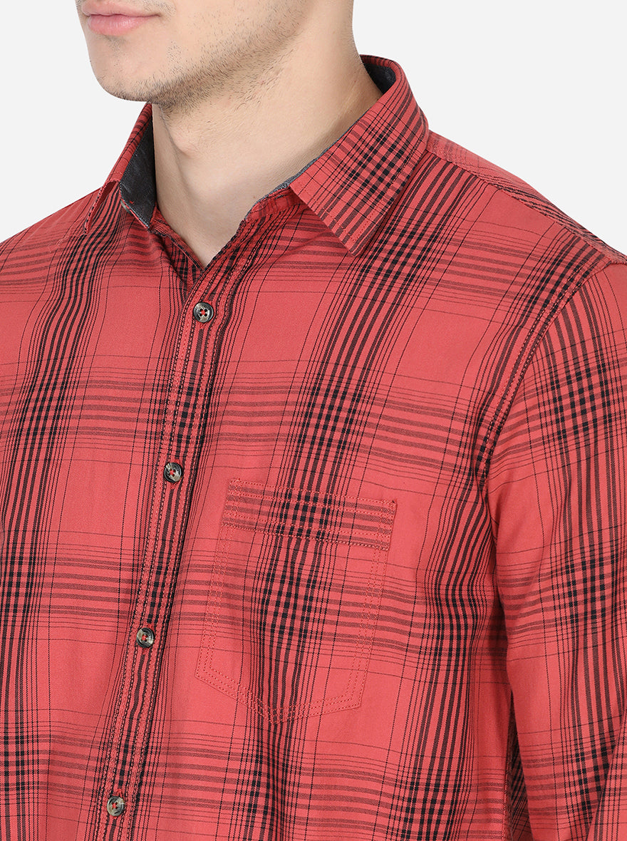 Spice Red Checked Slim Fit Semi Casual Shirt | Pehervi