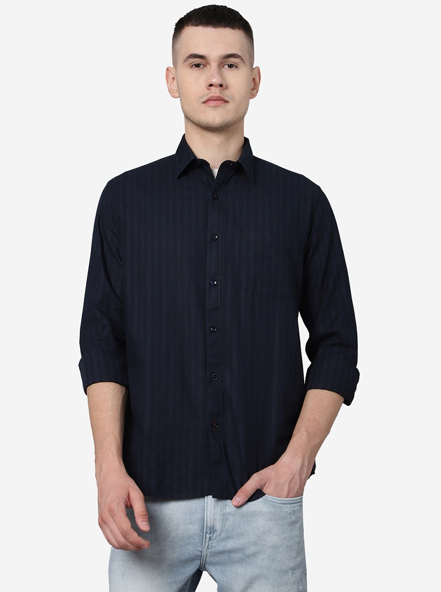 Navy Blue Striped Smart Fit Semi Casual Shirt | Pehervi