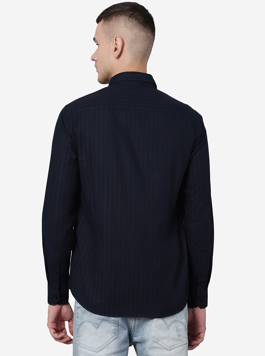Navy Blue Striped Smart Fit Semi Casual Shirt | Pehervi