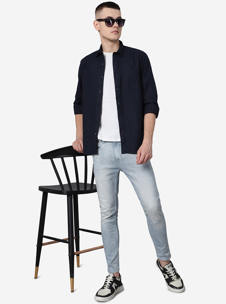 Navy Blue Striped Smart Fit Semi Casual Shirt | Pehervi