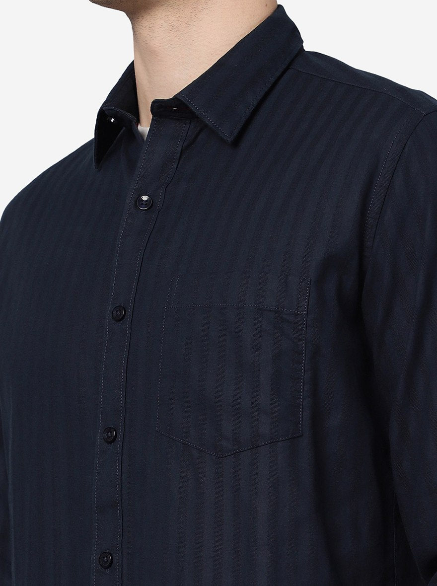 Navy Blue Striped Smart Fit Semi Casual Shirt | Pehervi