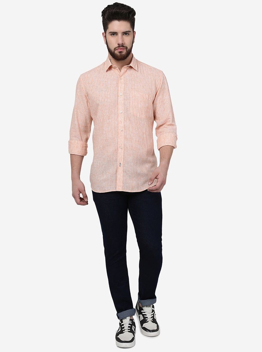 Orange Striped Slim Fit Semi Casual Shirt | Pehervi