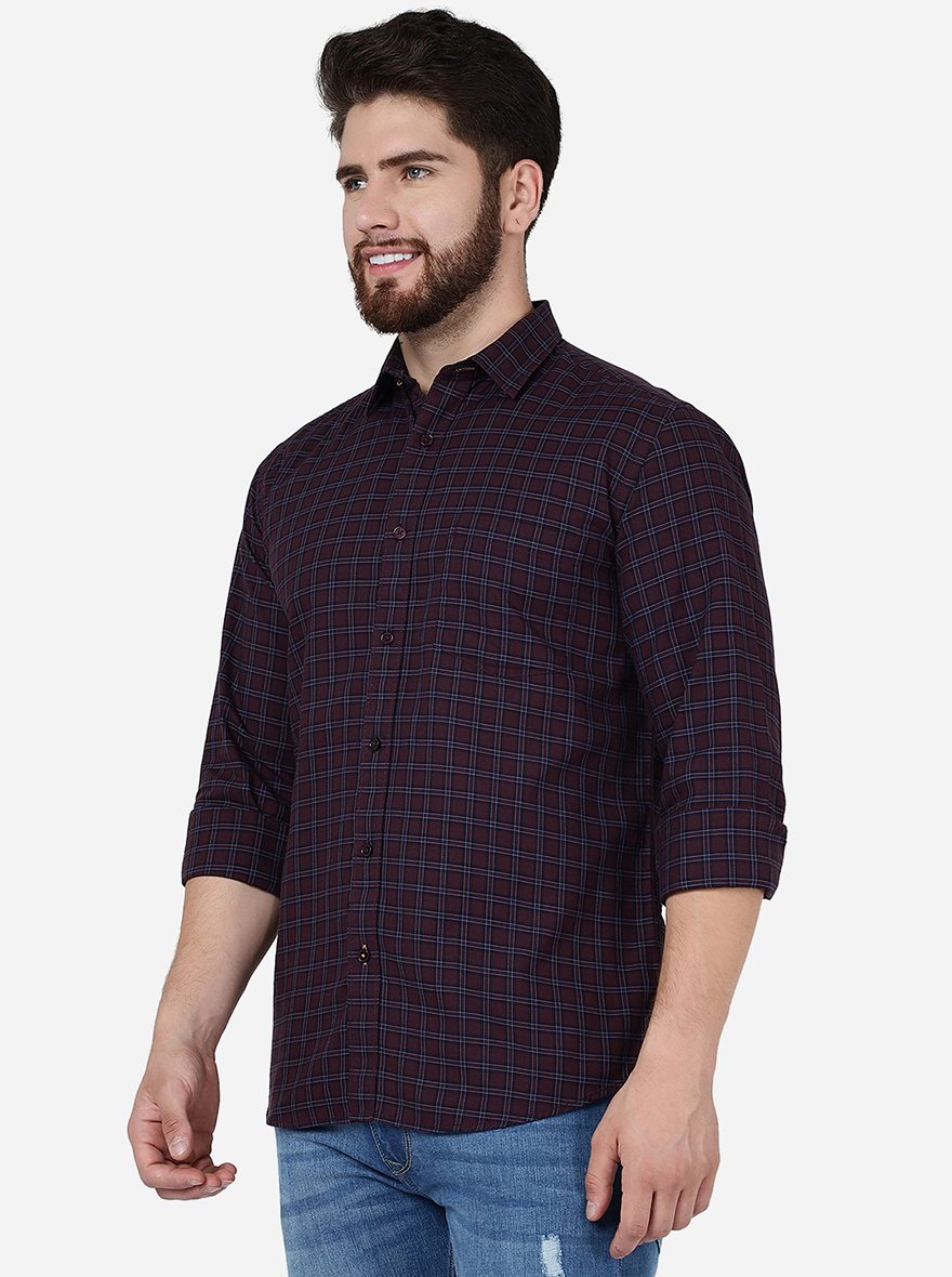 Maroon Checked Slim Fit Semi Casual Shirt | Pehervi