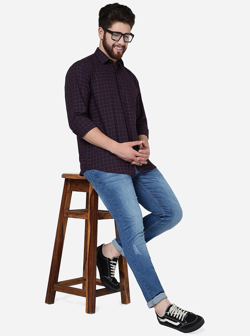 Maroon Checked Slim Fit Semi Casual Shirt | Pehervi