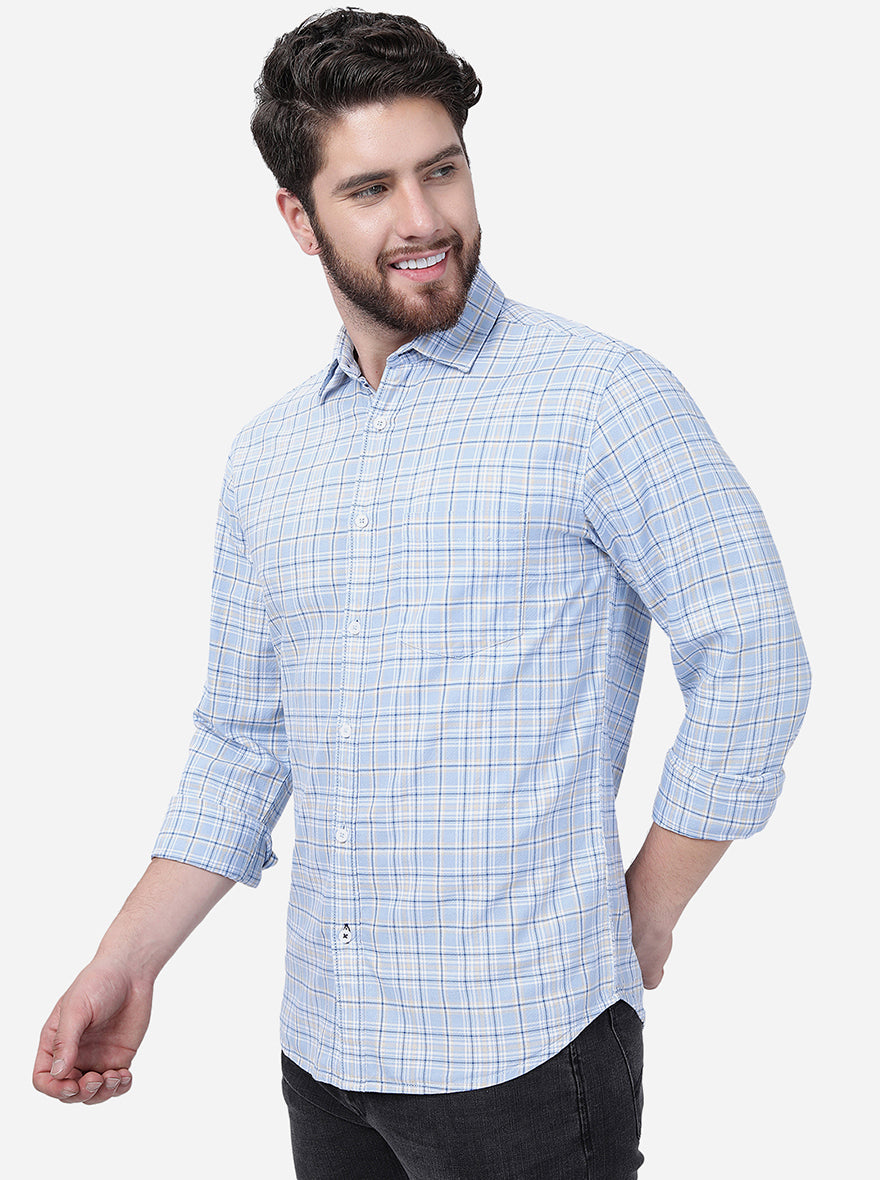 Dusk Blue Checked Slim Fit Semi Casual Shirt | Pehervi
