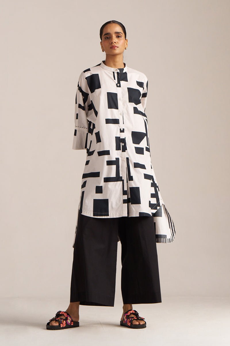 White and Black Print Cotton Asymmetric Shirt Kurta