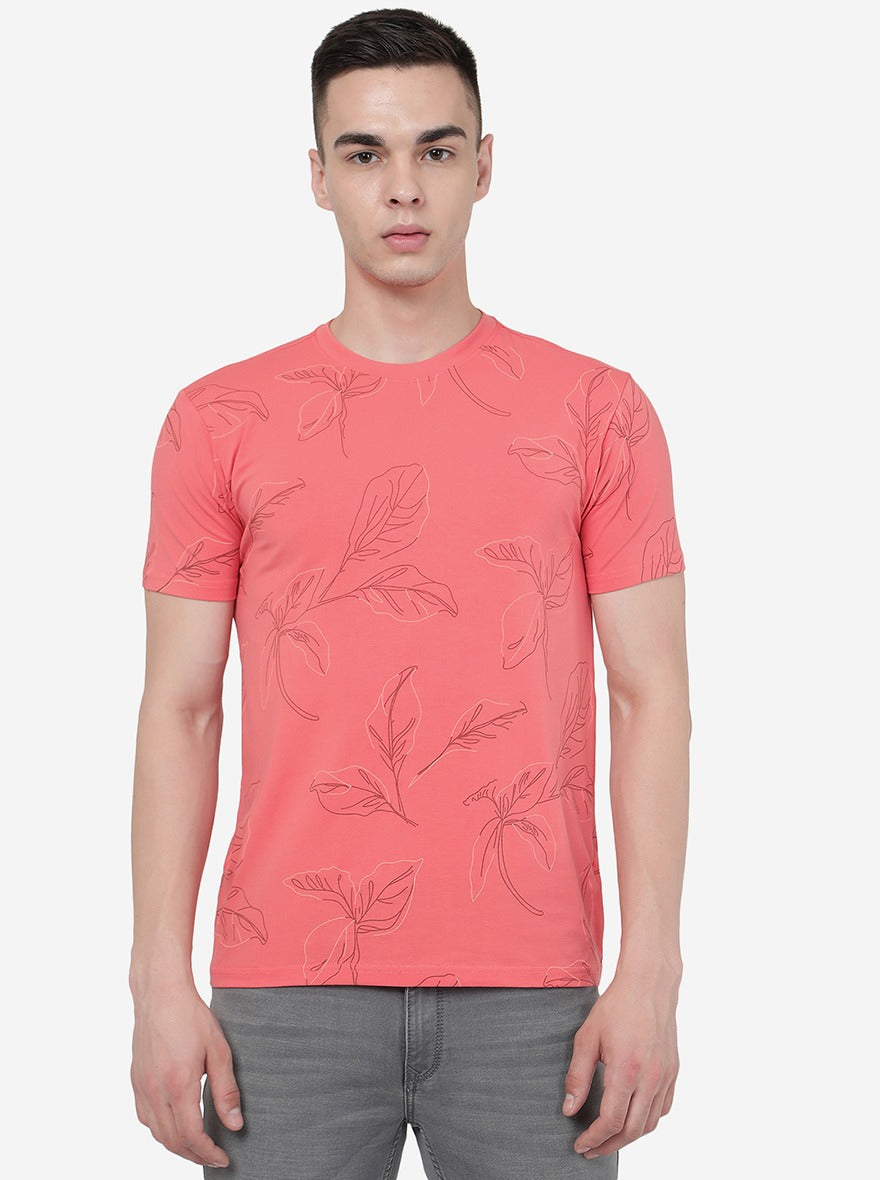 Coral Pink Printed Slim Fit T-Shirt | pehervi