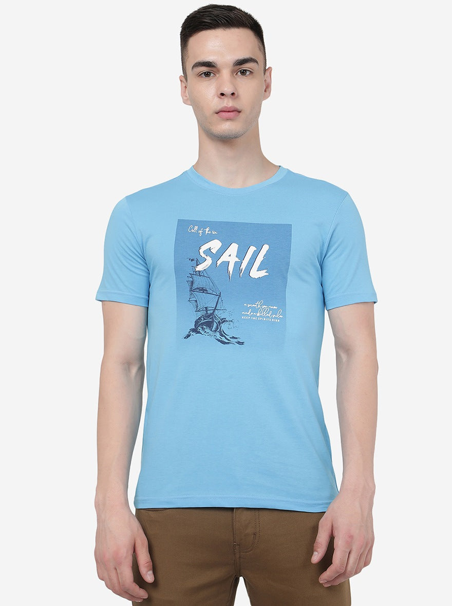 Light Blue Printed Slim Fit T-Shirt | pehervi