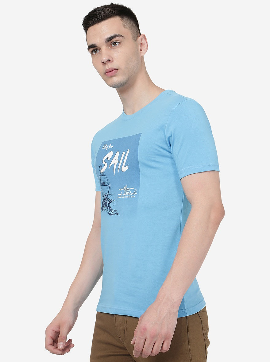 Light Blue Printed Slim Fit T-Shirt | pehervi