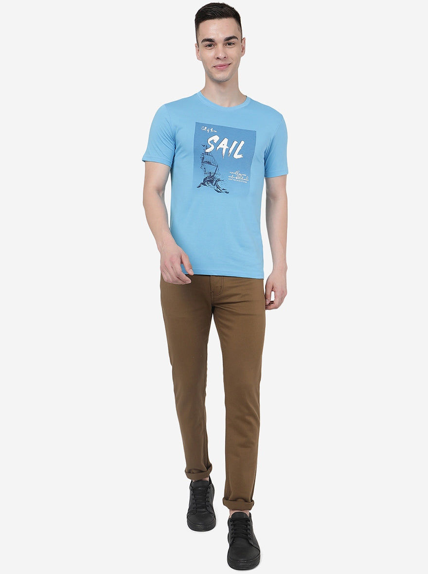 Light Blue Printed Slim Fit T-Shirt | pehervi