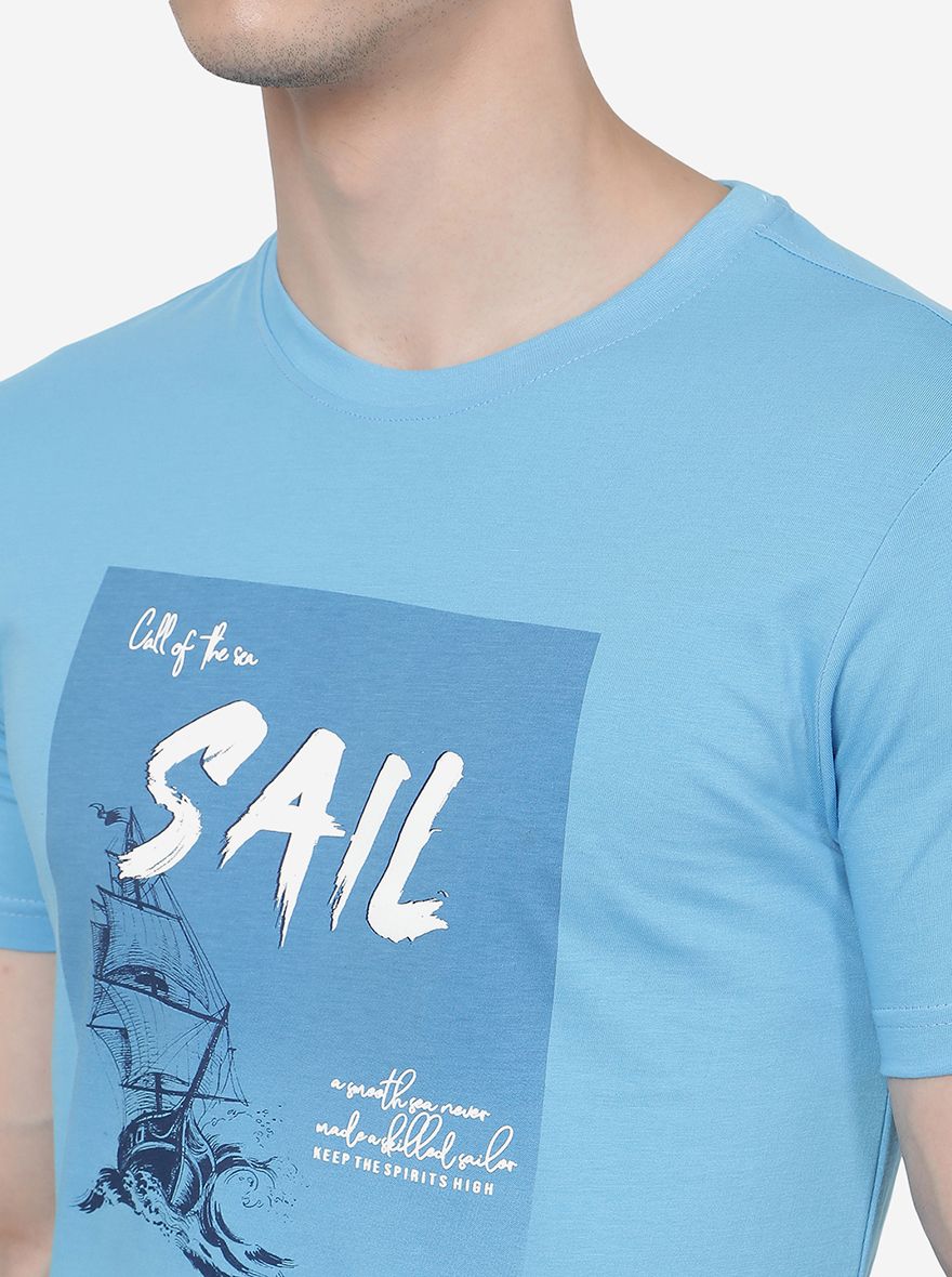 Light Blue Printed Slim Fit T-Shirt | pehervi