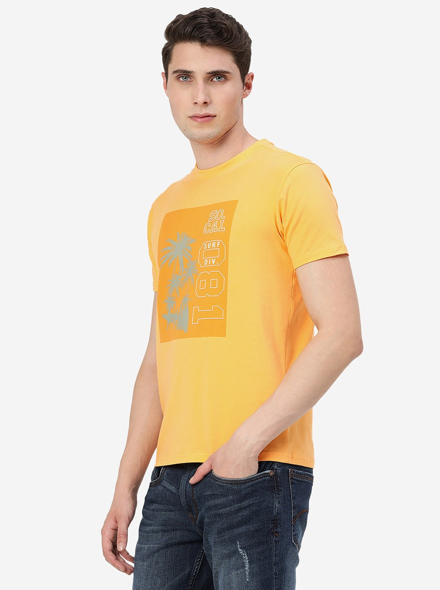Orange Printed Slim Fit T-Shirt | pehervi