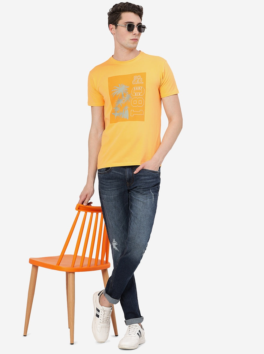 Orange Printed Slim Fit T-Shirt | pehervi