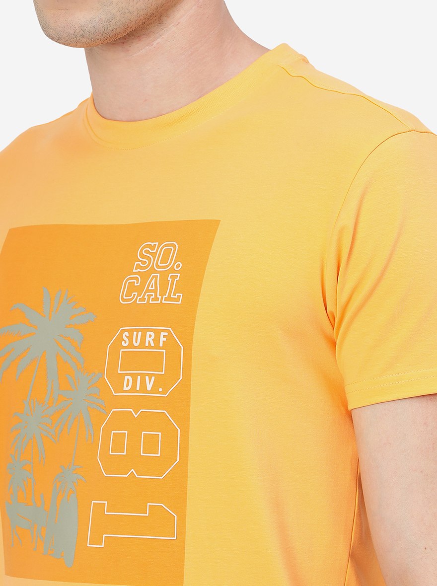 Orange Printed Slim Fit T-Shirt | pehervi