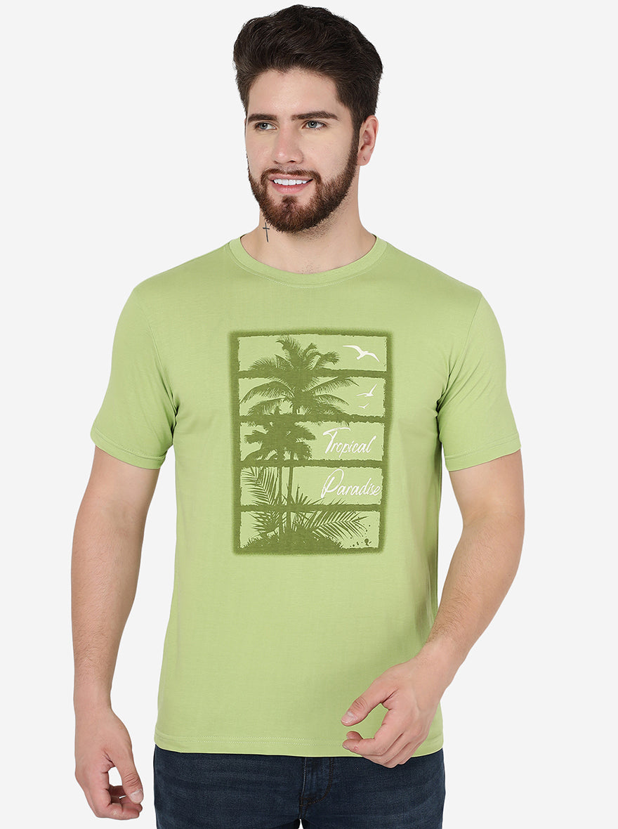Herbal Green Printed Slim Fit T-Shirt | pehervi