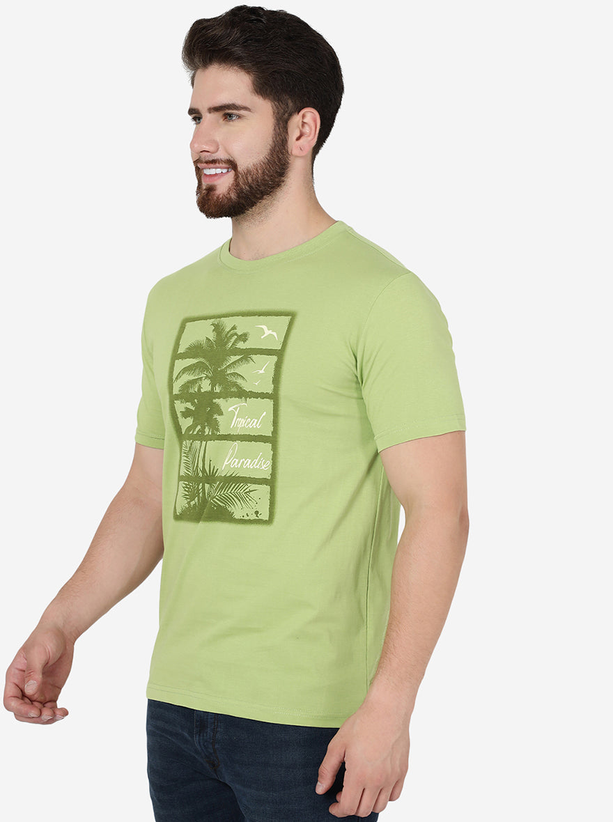 Herbal Green Printed Slim Fit T-Shirt | pehervi