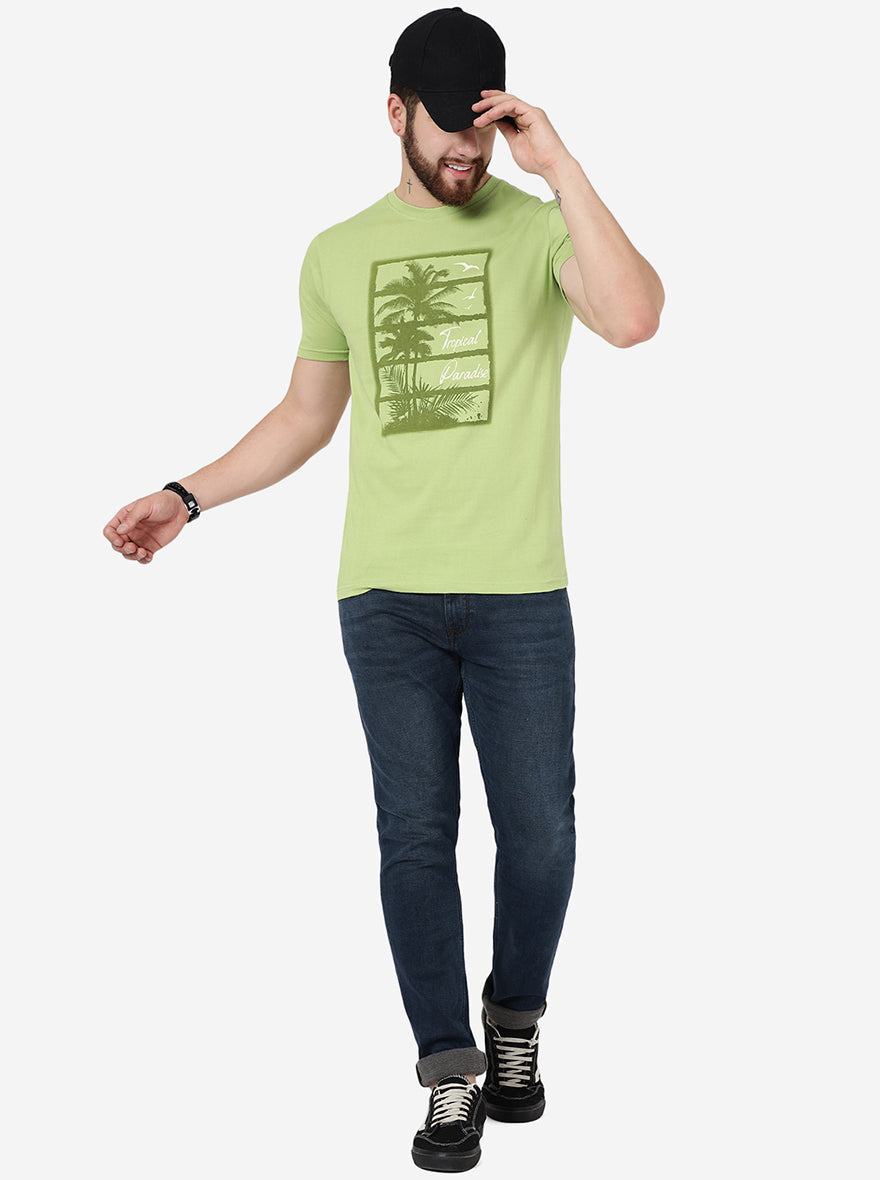 Herbal Green Printed Slim Fit T-Shirt | pehervi