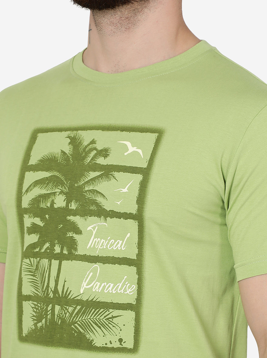 Herbal Green Printed Slim Fit T-Shirt | pehervi