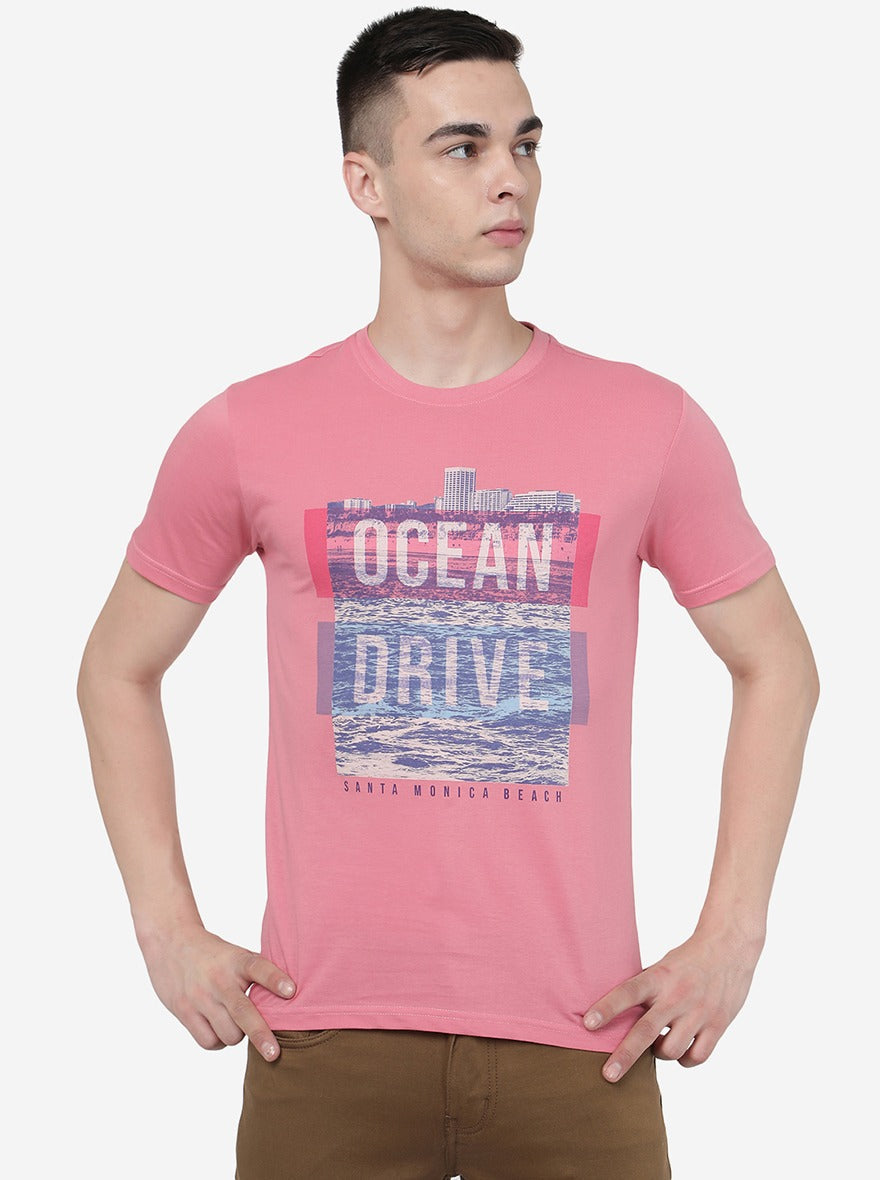 Light Pink Printed Slim Fit T-Shirt | pehervi