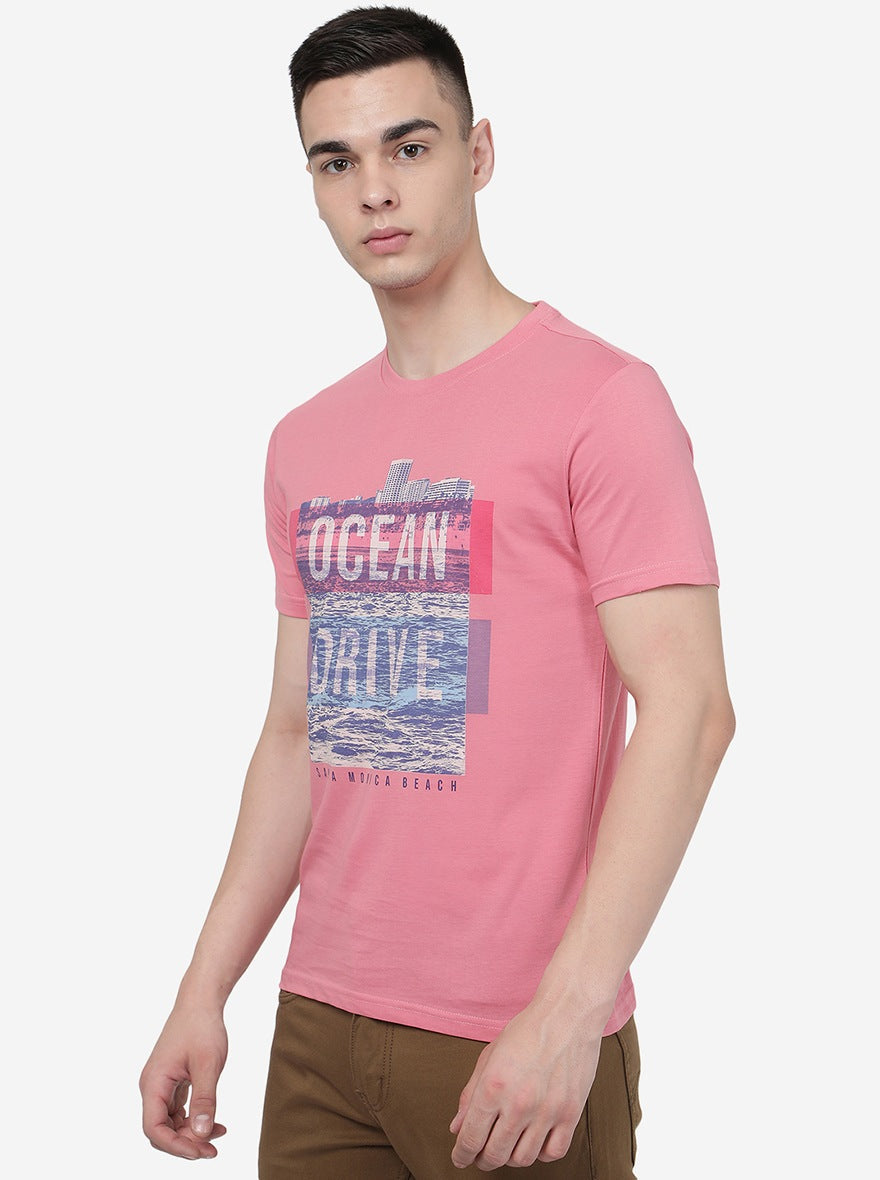 Light Pink Printed Slim Fit T-Shirt | pehervi