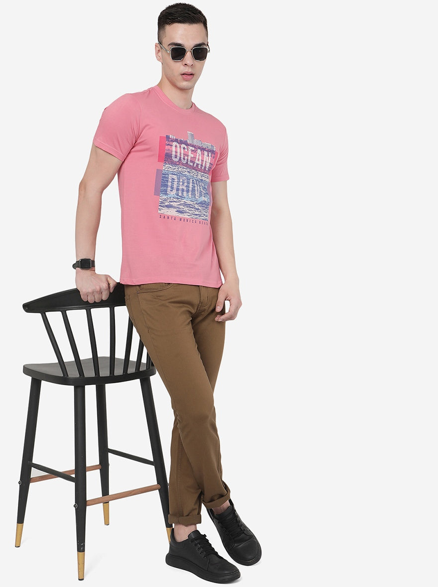 Light Pink Printed Slim Fit T-Shirt | pehervi