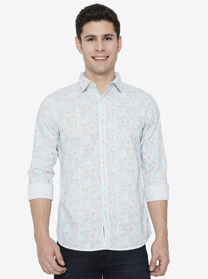 Blue & White Printed Slim Fit Semi Casual Shirt | Pehervi