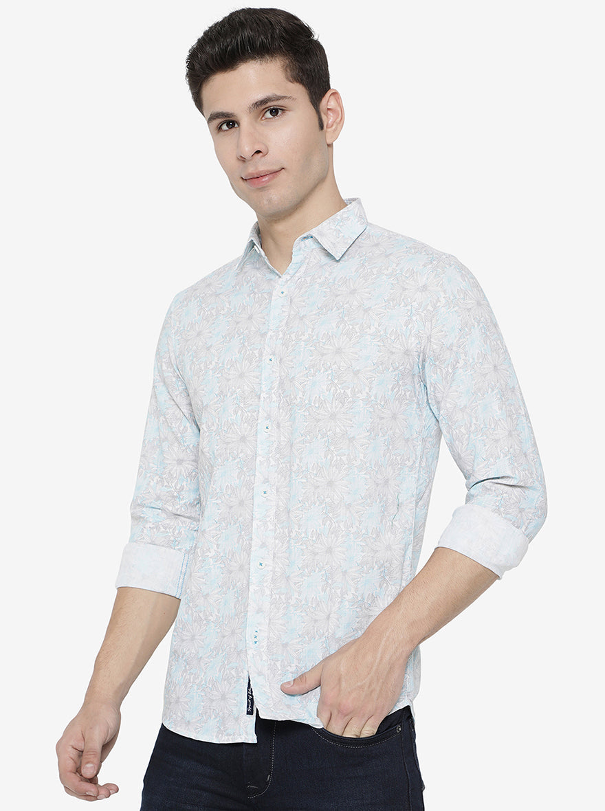 Blue & White Printed Slim Fit Semi Casual Shirt | Pehervi
