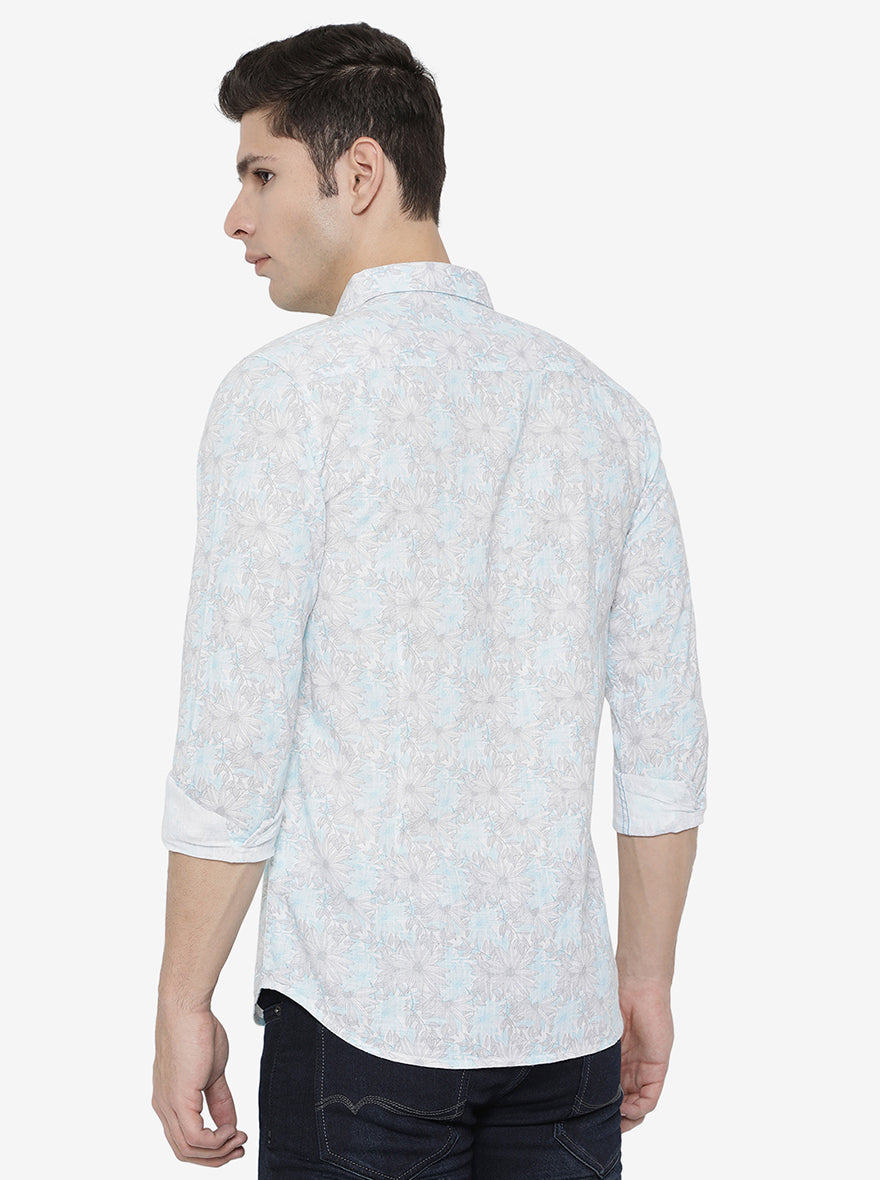 Blue & White Printed Slim Fit Semi Casual Shirt | Pehervi