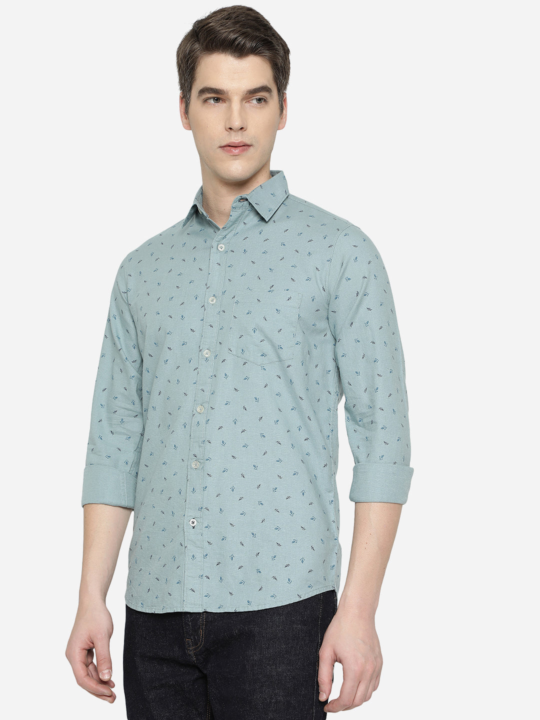 Canal Blue Printed Slim Fit Semi Casual Shirt | Pehervi