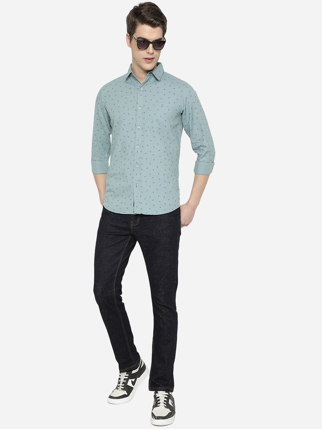 Canal Blue Printed Slim Fit Semi Casual Shirt | Pehervi
