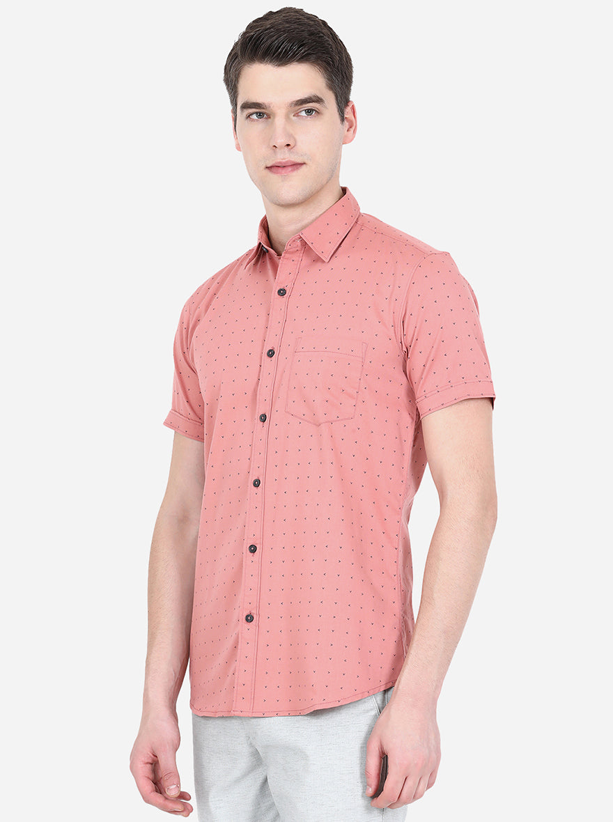 Sand Pink Printed Slim Fit Semi Casual Shirt | Pehervi