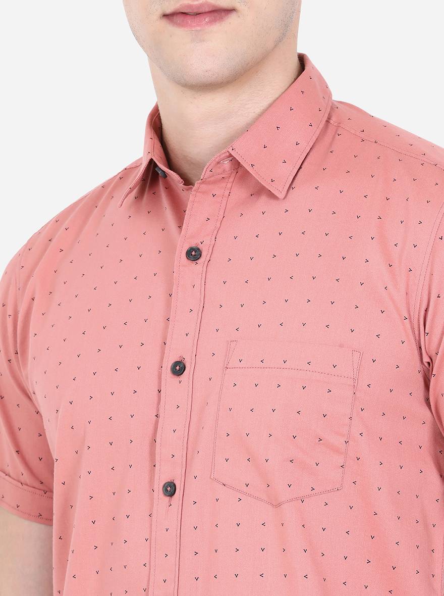 Sand Pink Printed Slim Fit Semi Casual Shirt | Pehervi