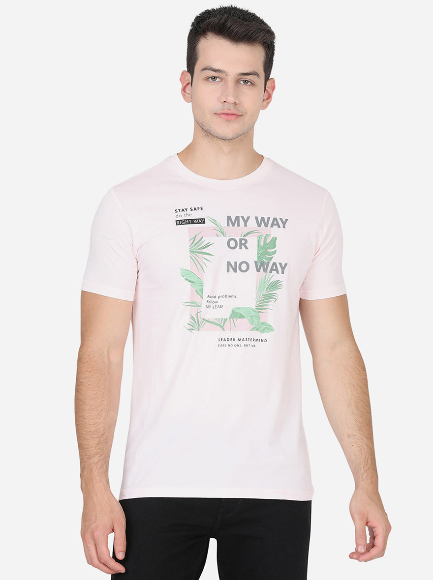 Delicacy Pink Printed Slim Fit T-Shirt | pehervi