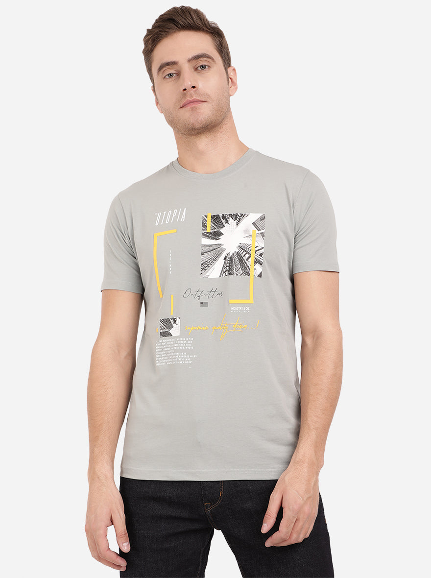 Iron Grey Printed Slim Fit T-Shirt | pehervi