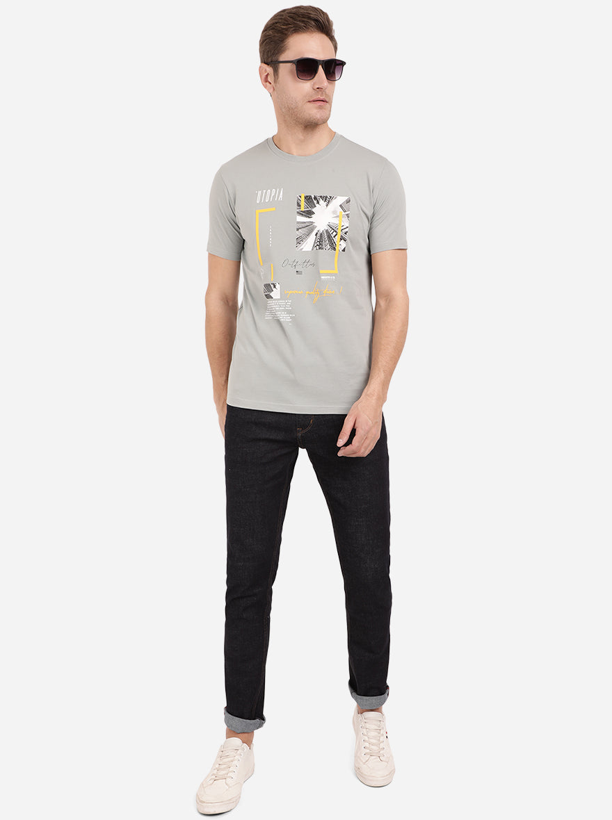 Iron Grey Printed Slim Fit T-Shirt | pehervi