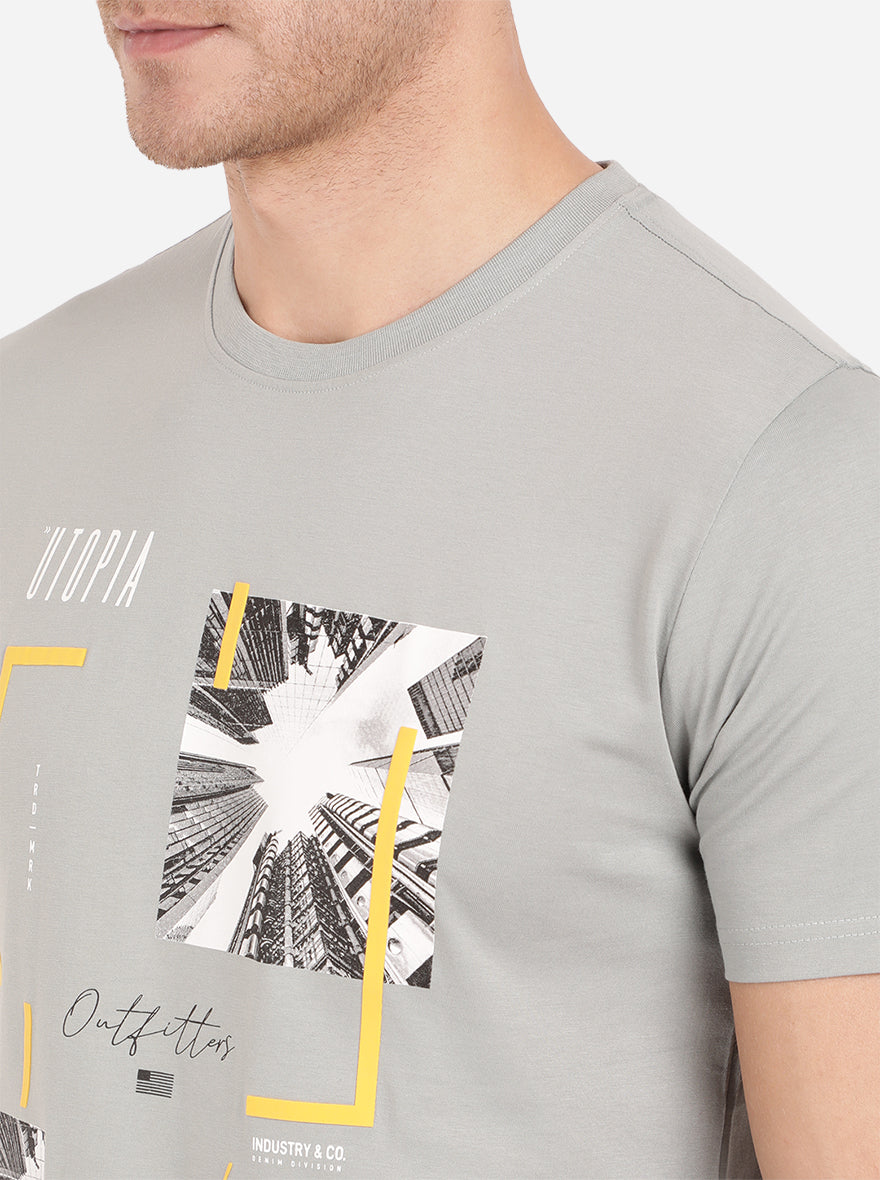 Iron Grey Printed Slim Fit T-Shirt | pehervi