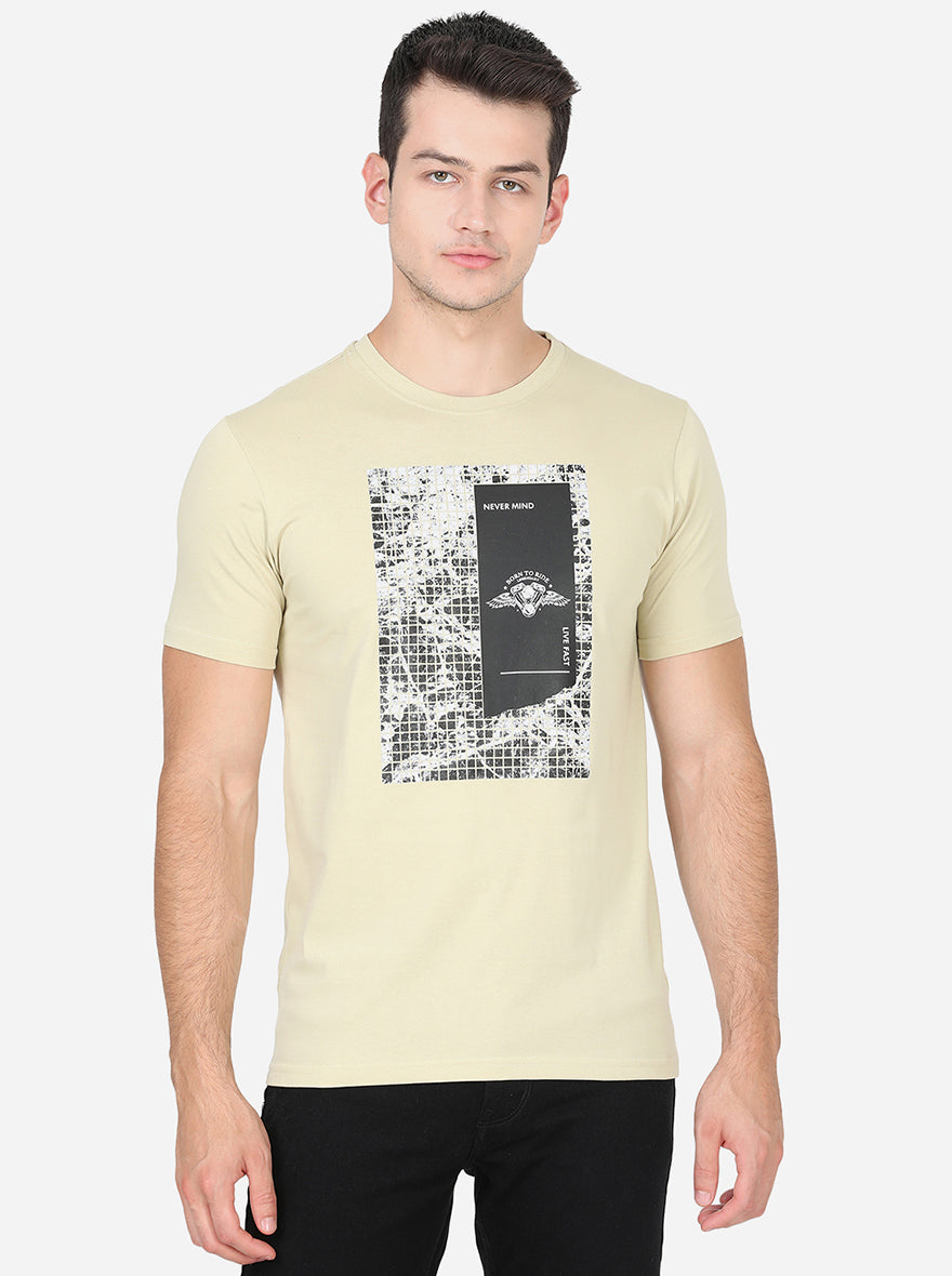 Light Beige Printed Slim Fit T-Shirt | pehervi