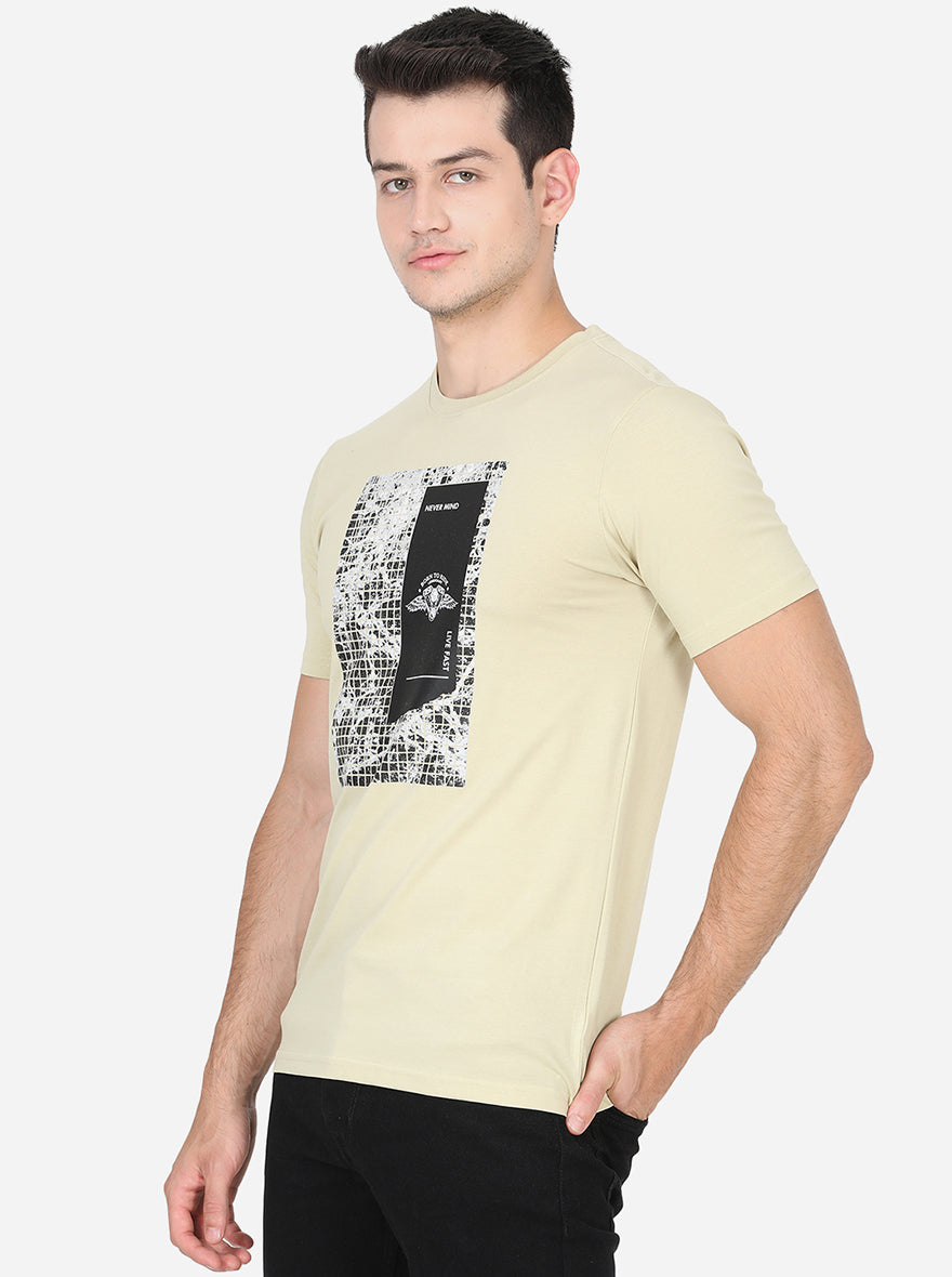Light Beige Printed Slim Fit T-Shirt | pehervi
