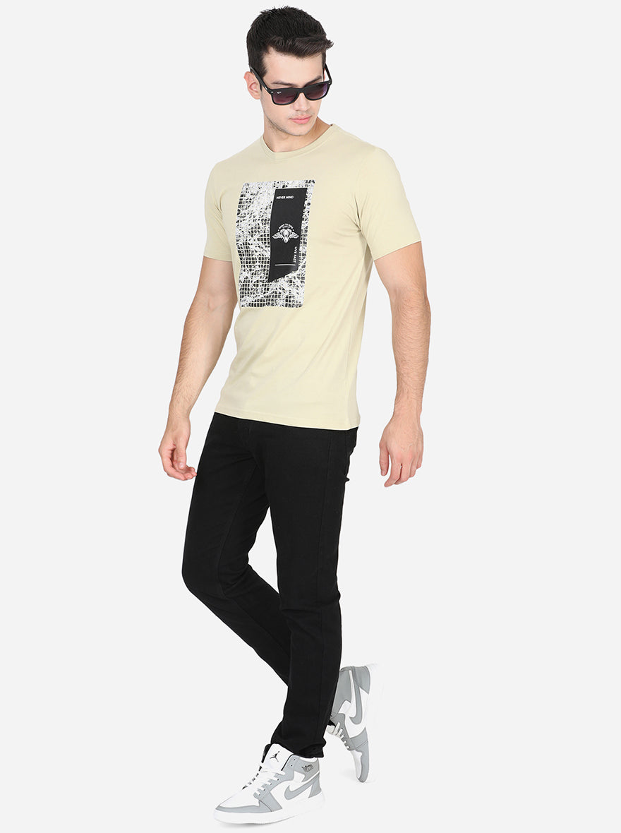 Light Beige Printed Slim Fit T-Shirt | pehervi