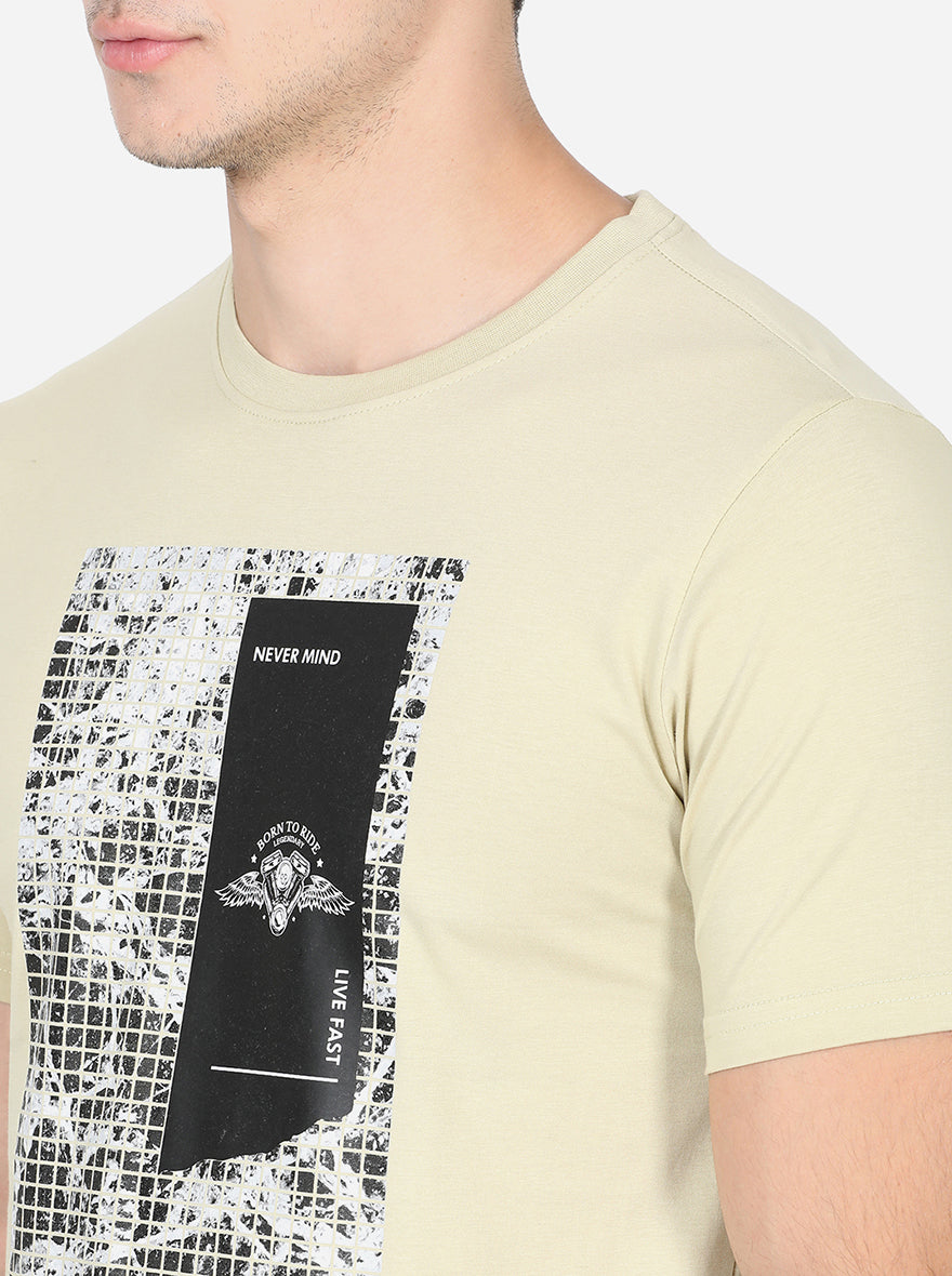 Light Beige Printed Slim Fit T-Shirt | pehervi