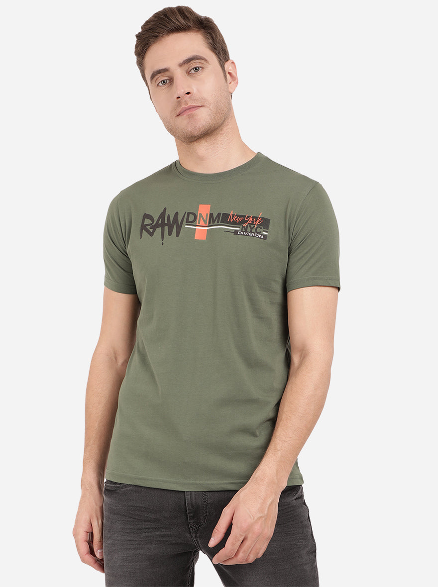 Olive Green Printed Slim Fit T-Shirt | pehervi