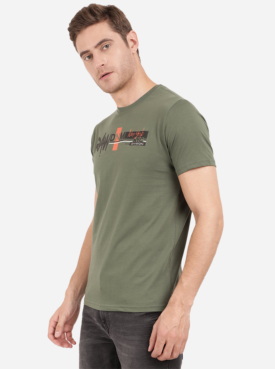 Olive Green Printed Slim Fit T-Shirt | pehervi