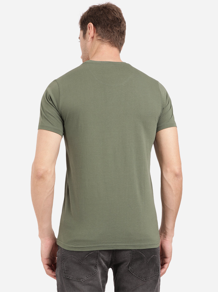 Olive Green Printed Slim Fit T-Shirt | pehervi