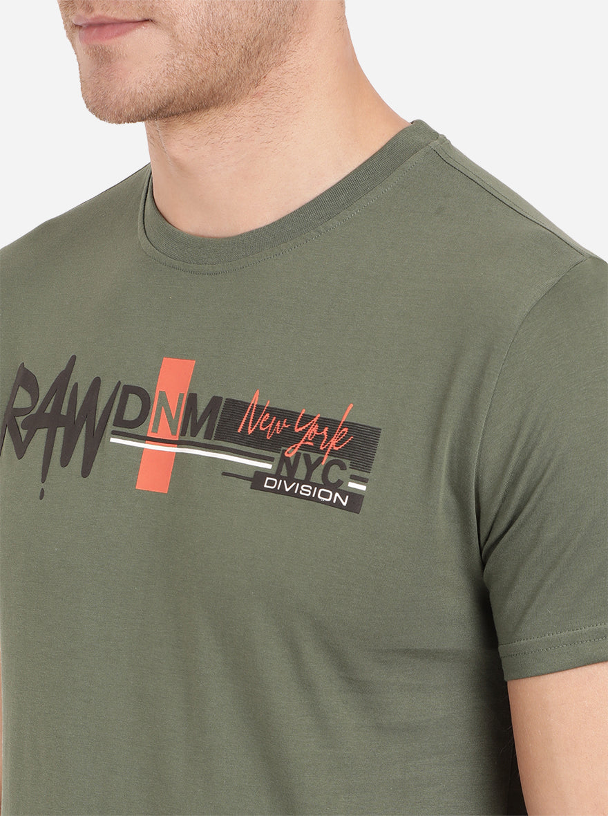 Olive Green Printed Slim Fit T-Shirt | pehervi
