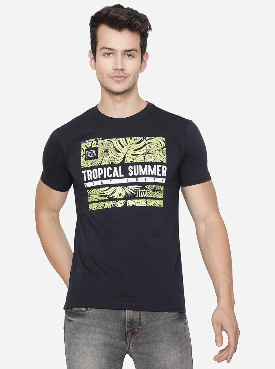Navy Blue Printed Slim Fit T-Shirt | pehervi