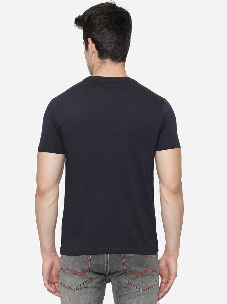 Navy Blue Printed Slim Fit T-Shirt | pehervi