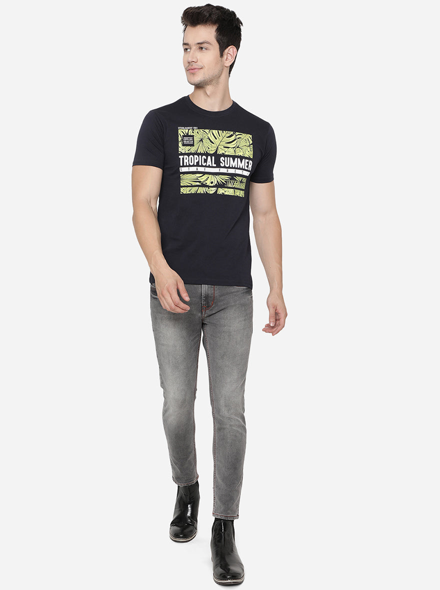 Navy Blue Printed Slim Fit T-Shirt | pehervi