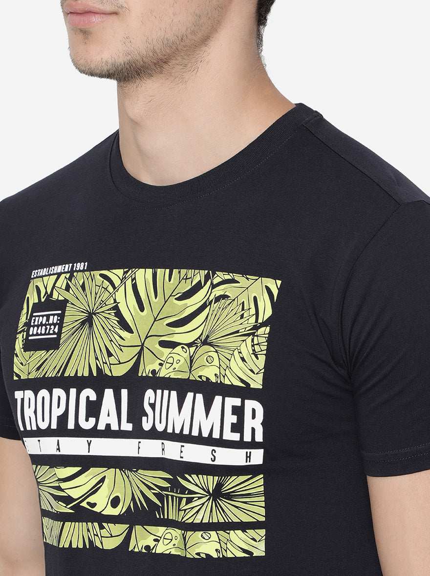 Navy Blue Printed Slim Fit T-Shirt | pehervi