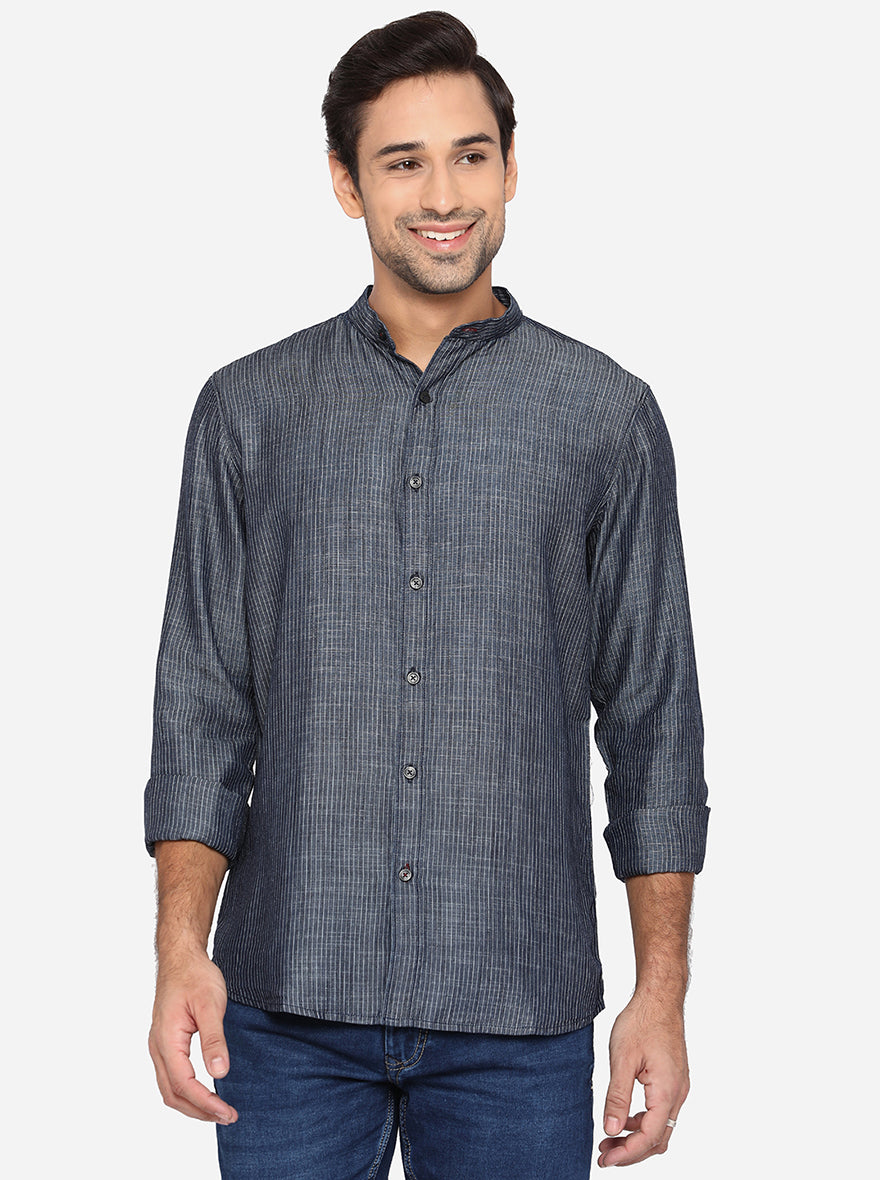 Dark Grey Striped Slim Fit Semi Casual Shirt | Pehervi