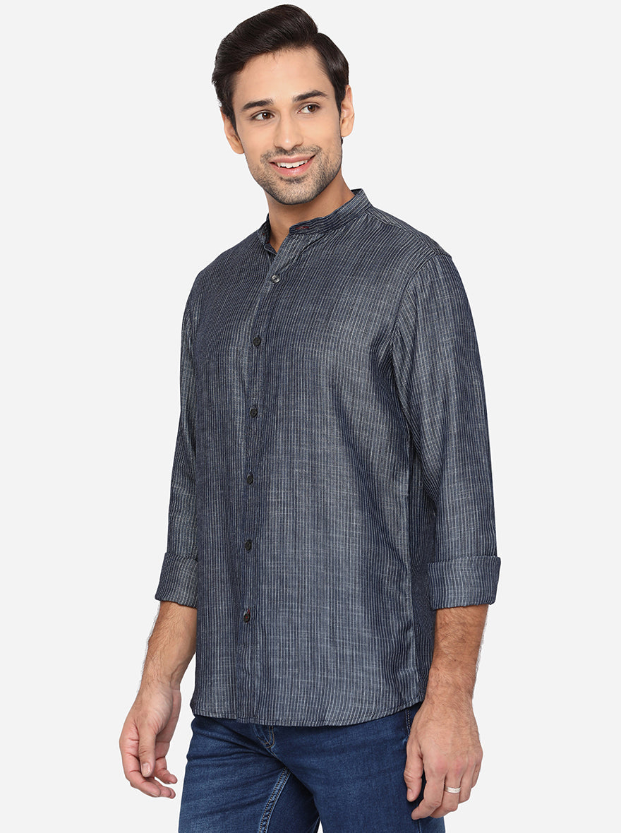 Dark Grey Striped Slim Fit Semi Casual Shirt | Pehervi